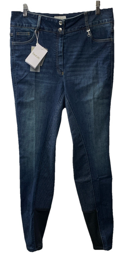 Horze Kaia Womens High Waist Denim Silicone Full Seat Breeches Dark Blue Size 32
