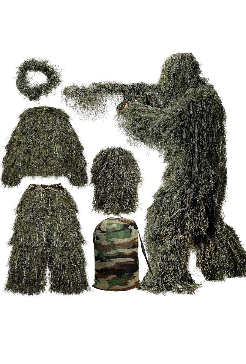 5 in 1 Ghillie Suit Costumes for Men Including Jacket, Pants, Hood, Carry Bag XL
