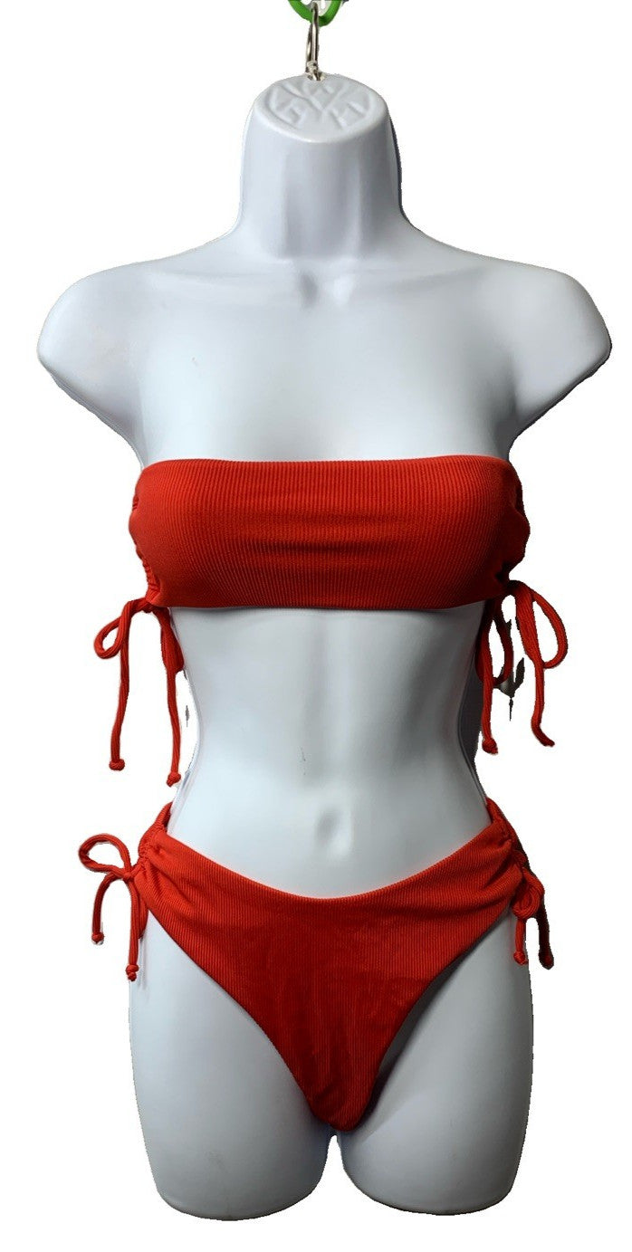 Nasty Gal Women's Ribbed Bandeau Ruched Bikini Suit 2 Set Swimwear Red Size 4