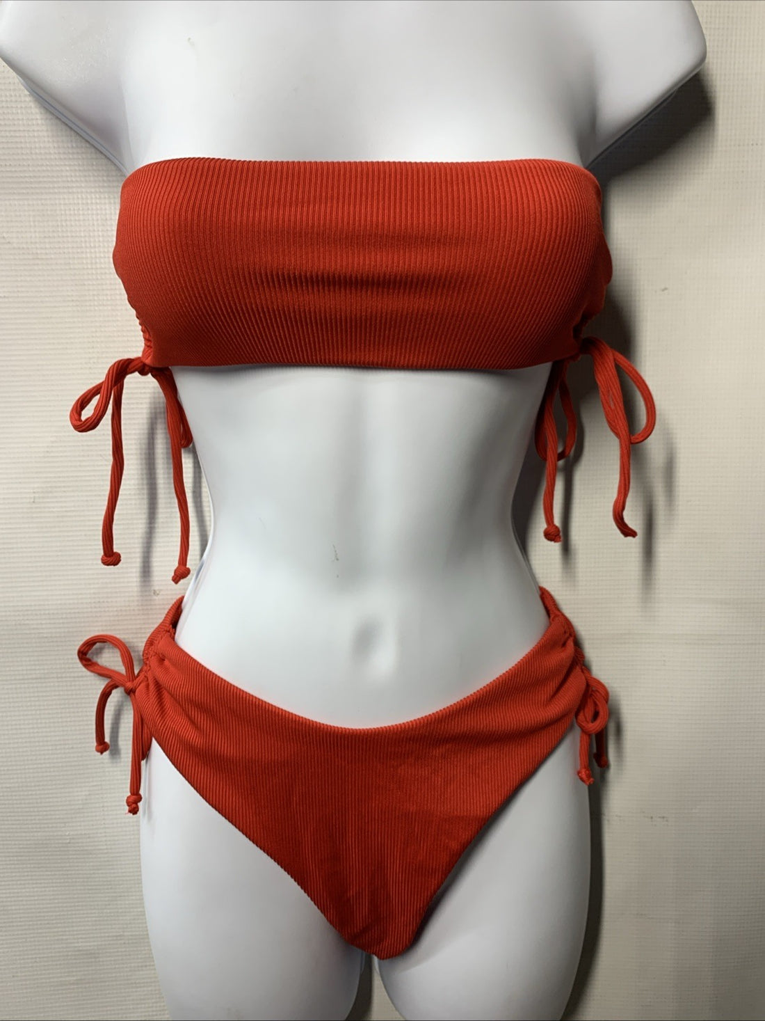 Nasty Gal Women's Ribbed Bandeau Ruched Bikini Suit 2 Set Swimwear Red Size 4