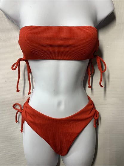 Nasty Gal Women's Ribbed Bandeau Ruched Bikini Suit 2 Set Swimwear Red Size 4