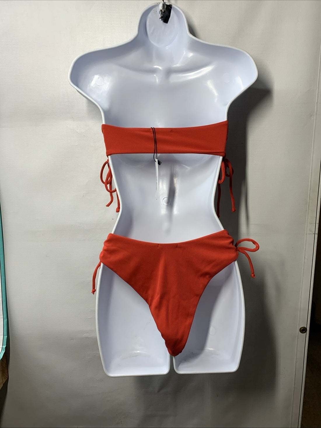 Nasty Gal Women's Ribbed Bandeau Ruched Bikini Suit 2 Set Swimwear Red Size 4