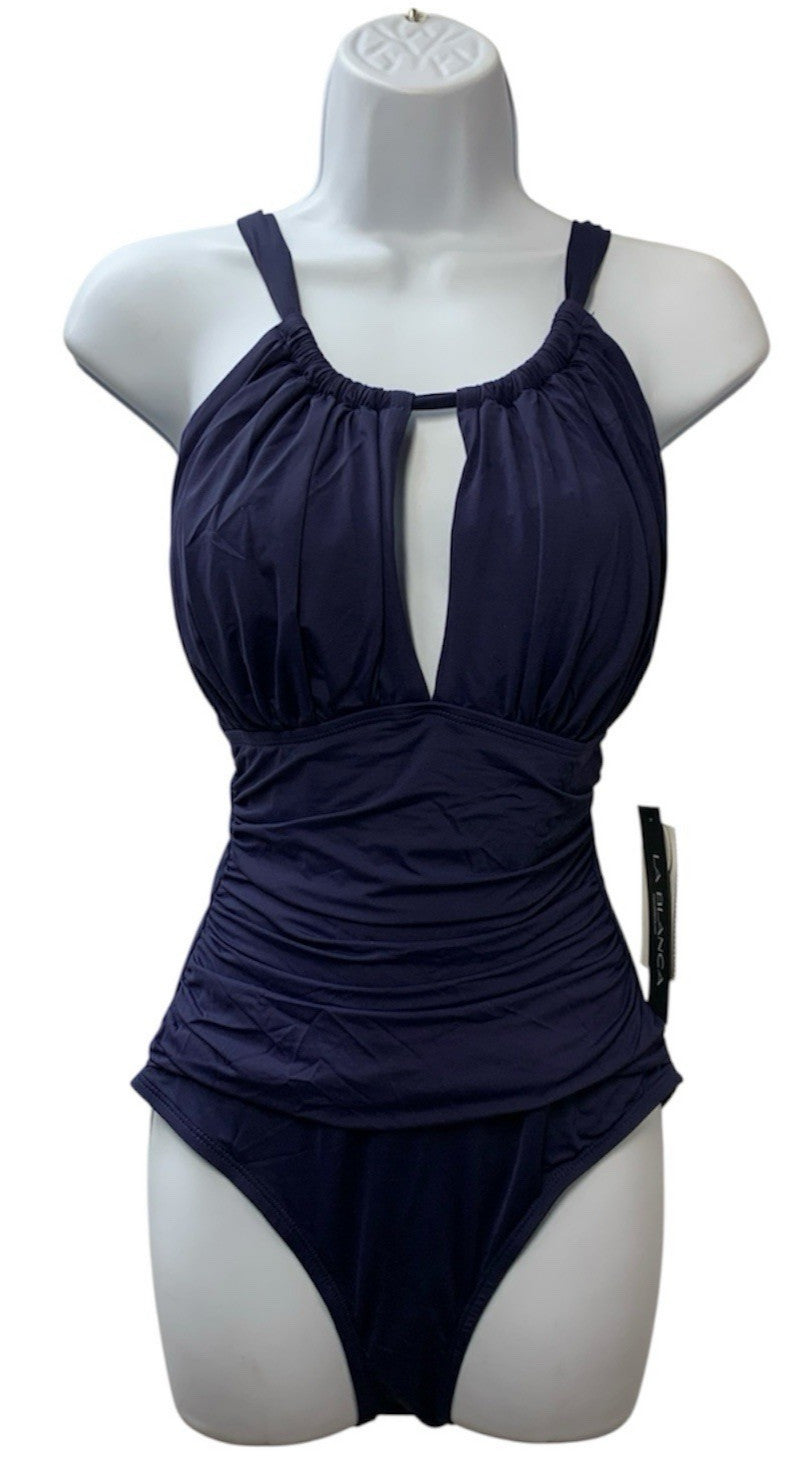 La Blanca Women One Piece Swimsuit High Neck Keyhole Island Goddess Size 10 Navy