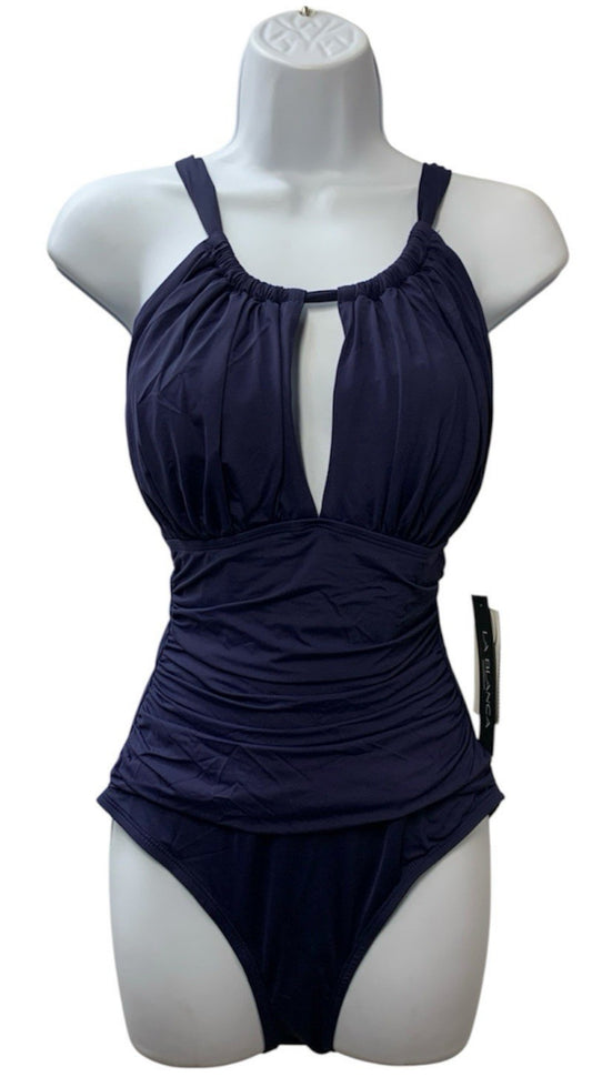 La Blanca Women One Piece Swimsuit High Neck Keyhole Island Goddess Size 10 Navy