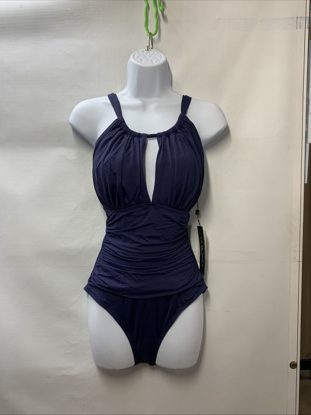 La Blanca Women One Piece Swimsuit High Neck Keyhole Island Goddess Size 10 Navy