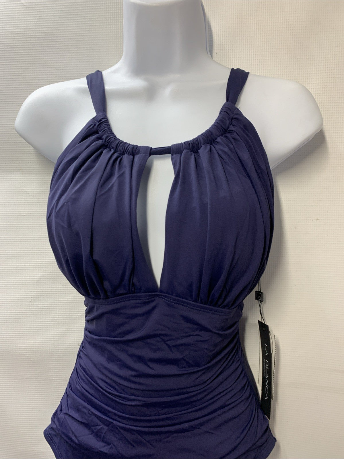La Blanca Women One Piece Swimsuit High Neck Keyhole Island Goddess Size 10 Navy