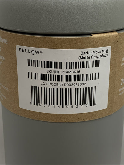 Fellow 16oz Carter Move Travel Mug Vacuum Insulated Tumbler Stainless Matte Grey