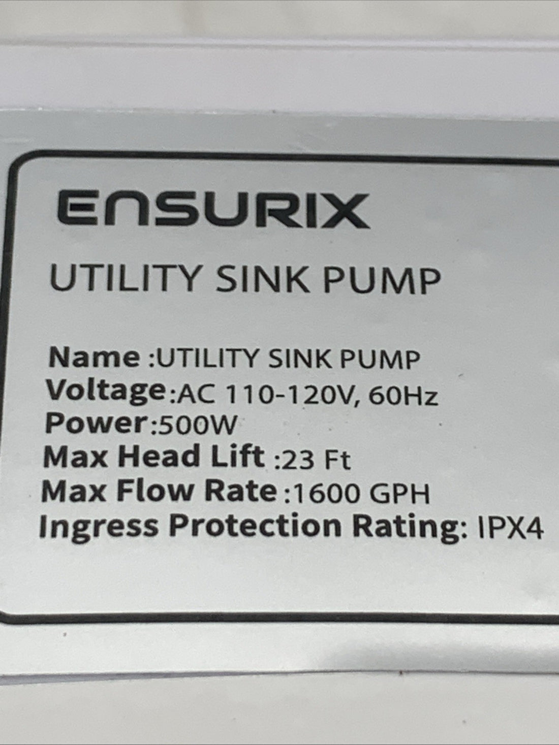 Ensurix Utility Sink Pump 1600GPH Drain System 500W Under-Basin Gray Water Unit