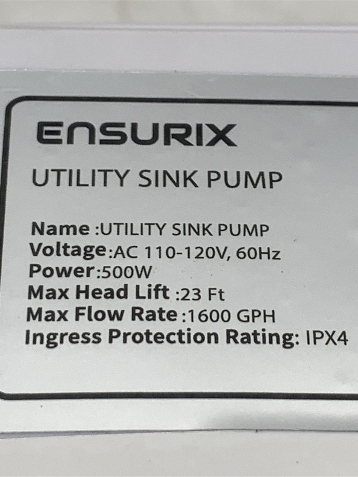 Ensurix Utility Sink Pump 1600GPH Drain System 500W Under-Basin Gray Water Unit