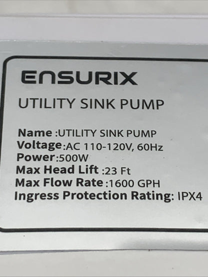 Ensurix Utility Sink Pump 1600GPH Drain System 500W Under-Basin Gray Water Unit