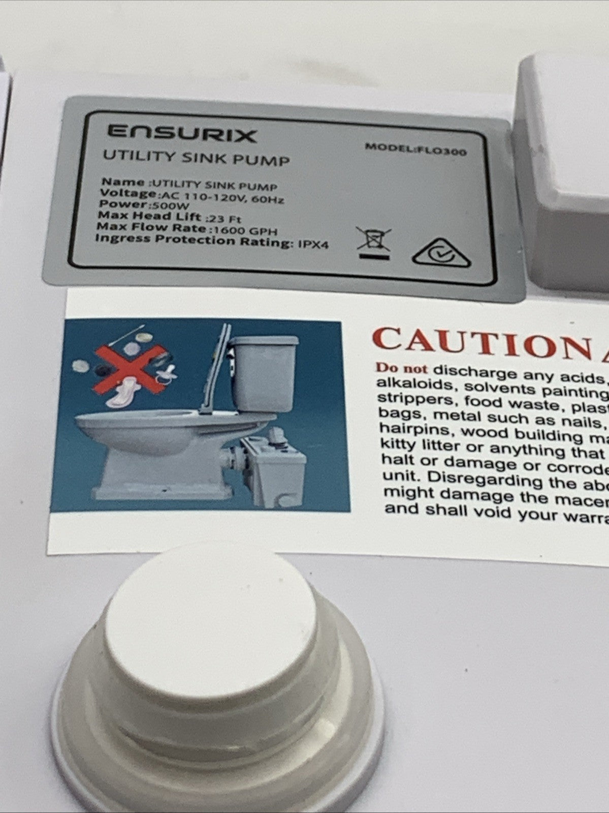 Ensurix Utility Sink Pump 1600GPH Drain System 500W Under-Basin Gray Water Unit
