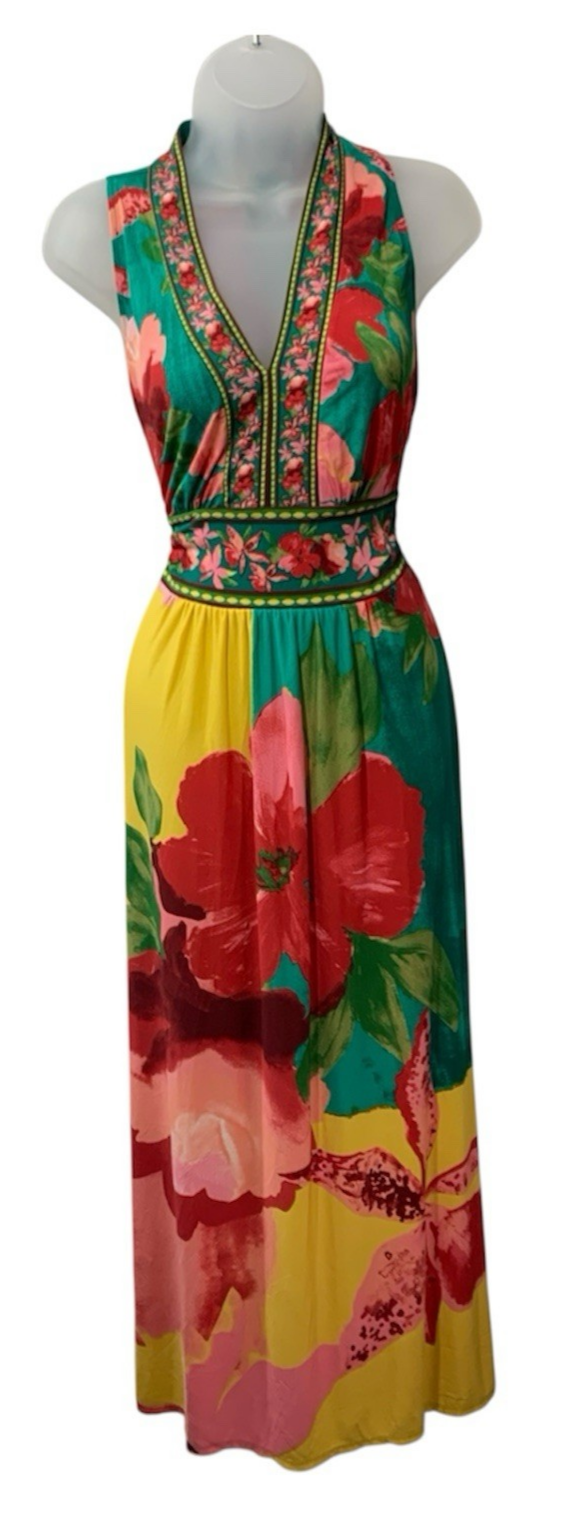 London Times Women's Vibrant Floral V-Neck Sleeveless A-line Maxi Dress Size 6