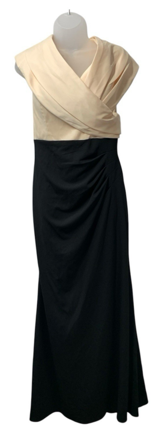Betsy & Adam Off Shoulder Gown 8 Champagne Black Mikado Pleated Empire Size 16