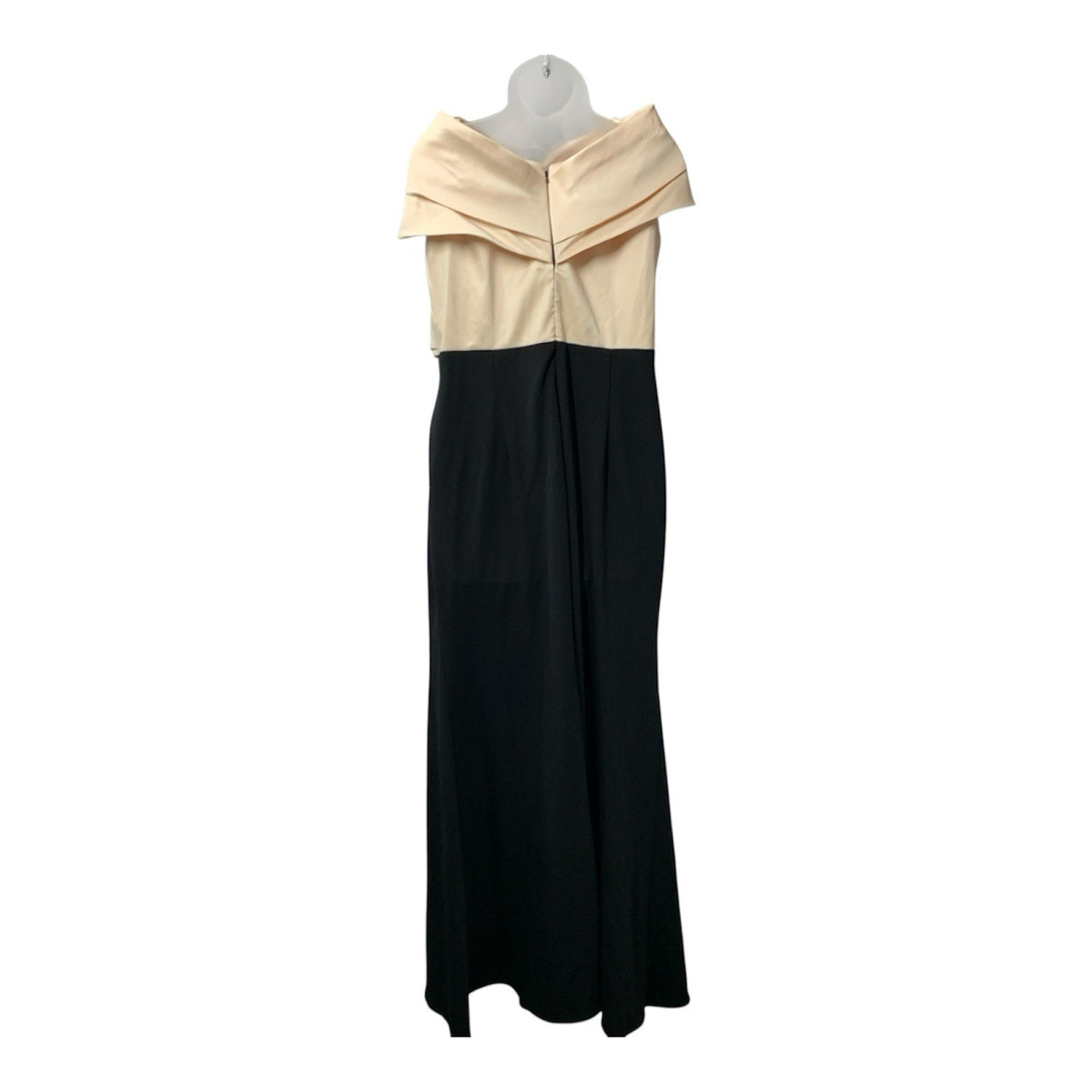 Betsy & Adam Off Shoulder Gown 8 Champagne Black Mikado Pleated Empire Size 16