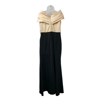 Betsy & Adam Off Shoulder Gown 8 Champagne Black Mikado Pleated Empire Size 16
