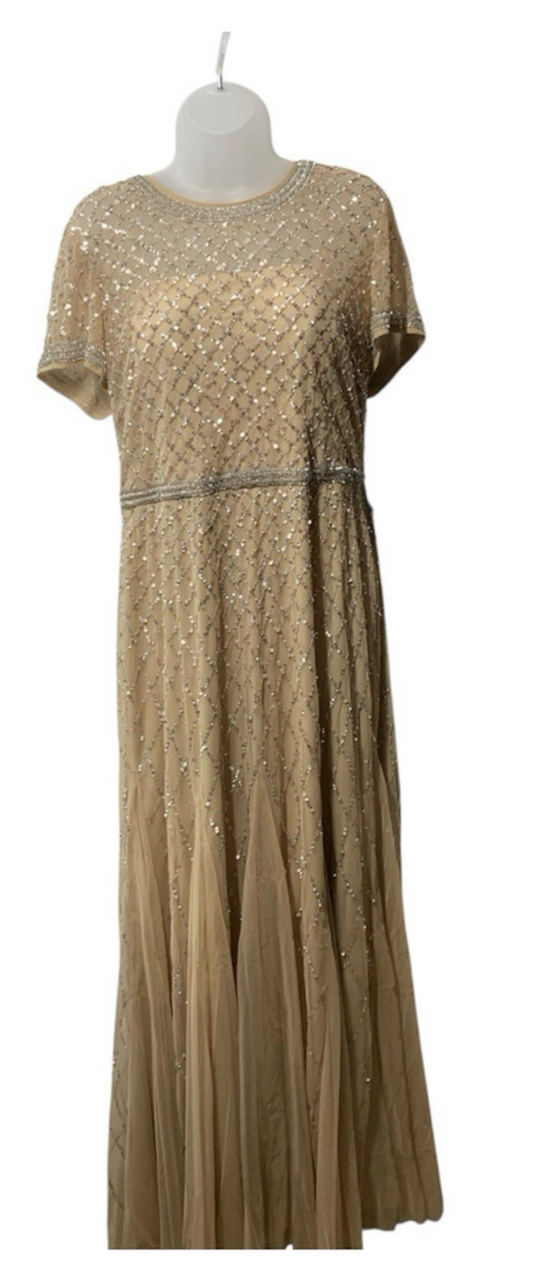 Adrianna Papell Champagne Beaded Gown Embellished Formal Gala Short Sleeve 18