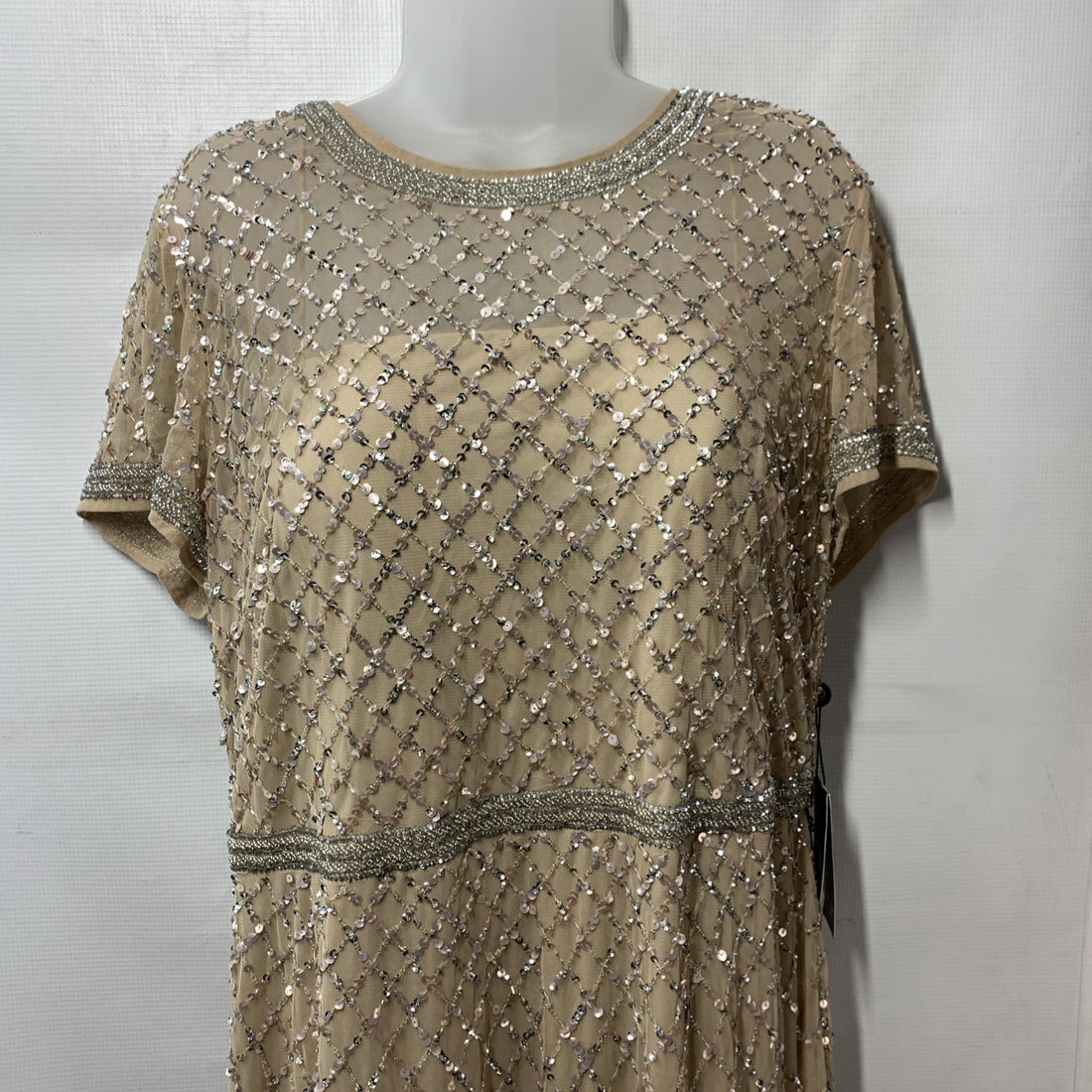 Adrianna Papell Champagne Beaded Gown Embellished Formal Gala Short Sleeve 18