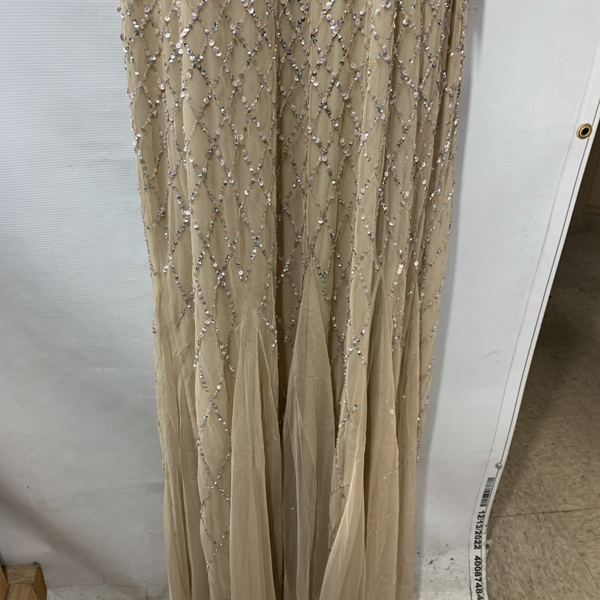 Adrianna Papell Champagne Beaded Gown Embellished Formal Gala Short Sleeve 18