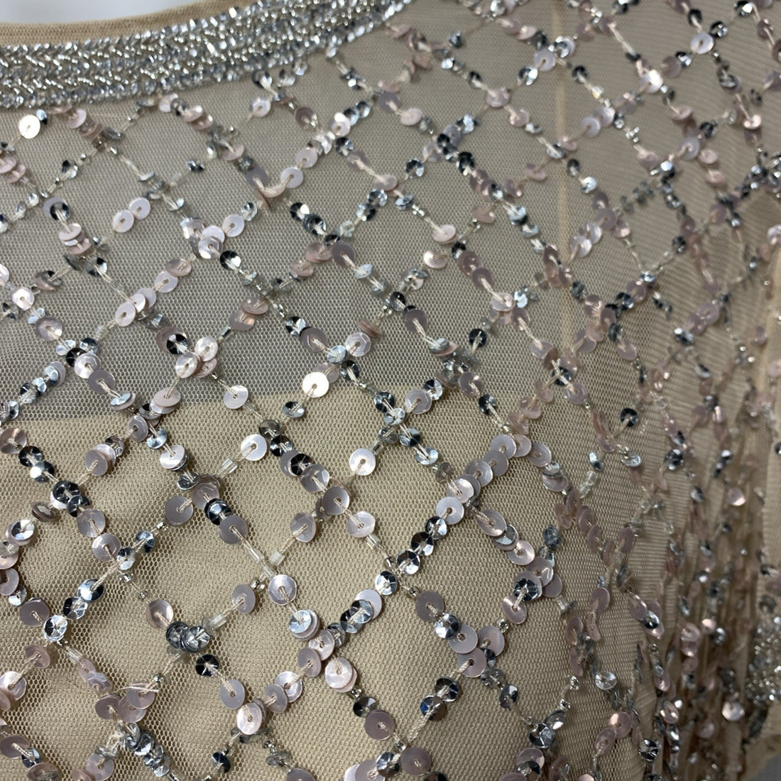 Adrianna Papell Champagne Beaded Gown Embellished Formal Gala Short Sleeve 18