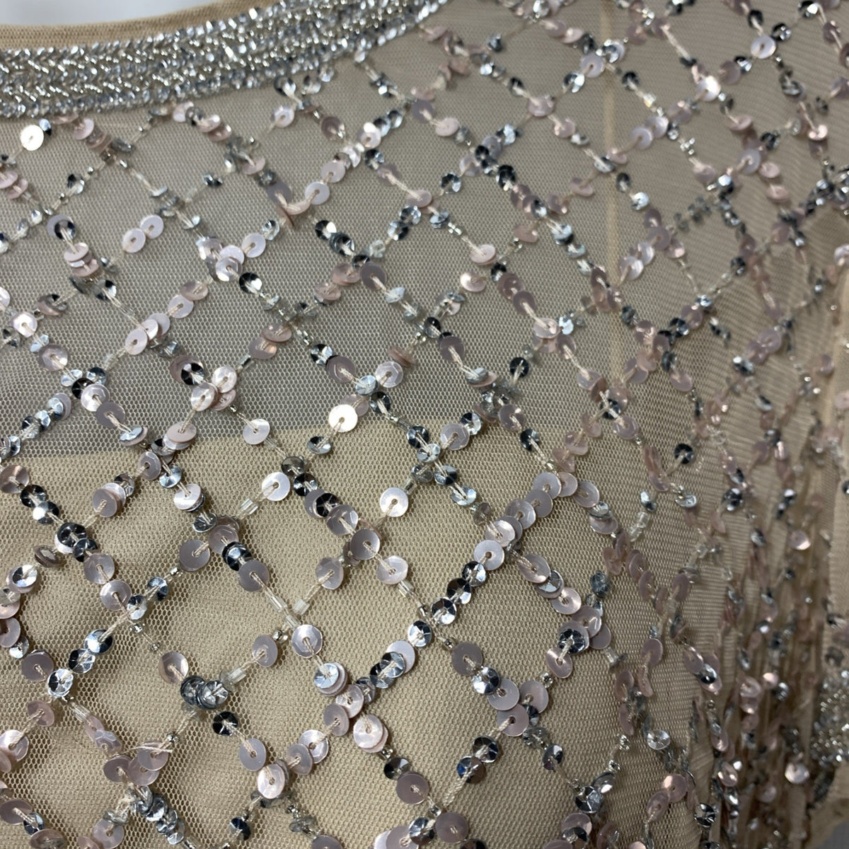 Adrianna Papell Champagne Beaded Gown Embellished Formal Gala Short Sleeve 18