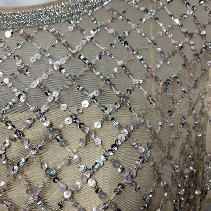 Adrianna Papell Champagne Beaded Gown Embellished Formal Gala Short Sleeve 18
