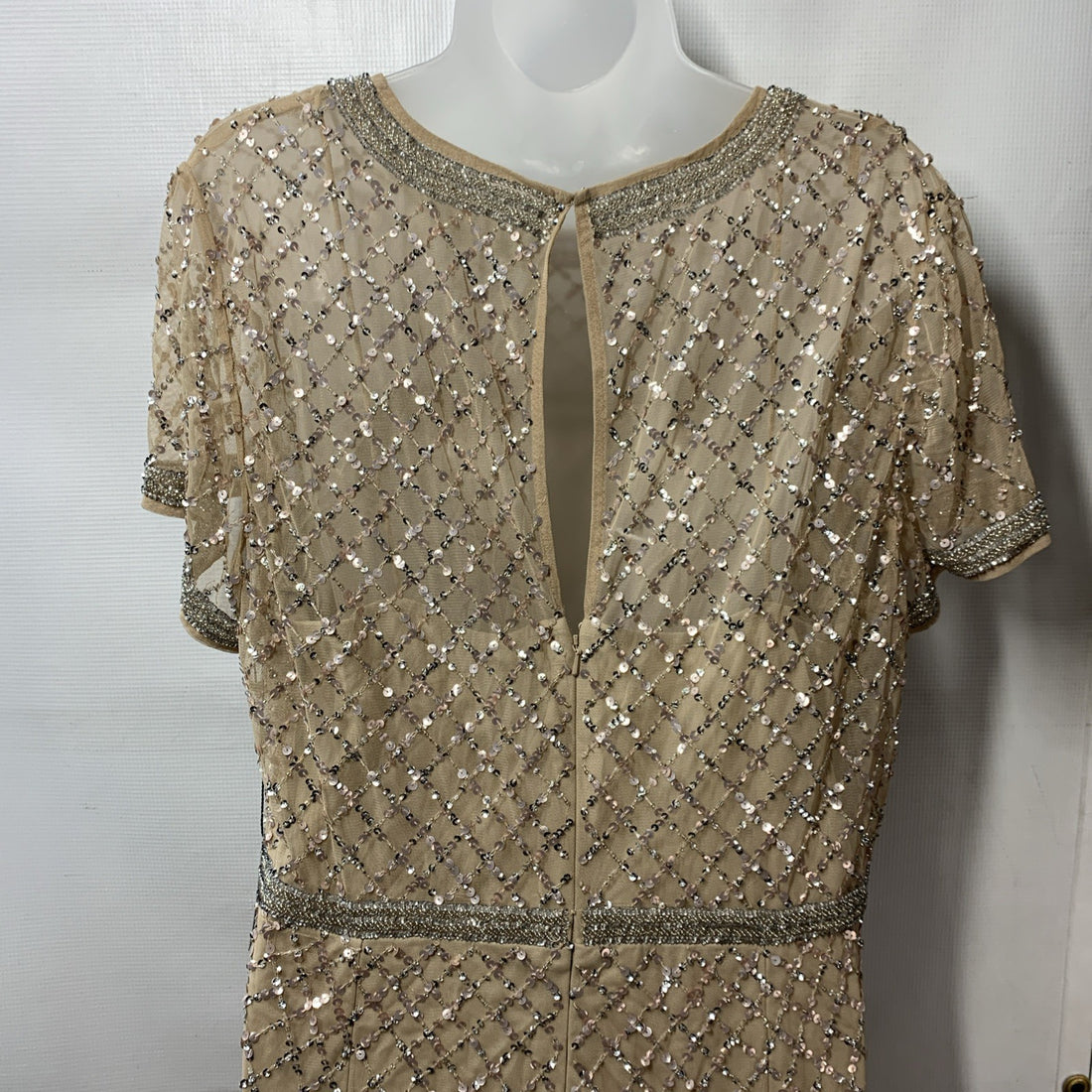 Adrianna Papell Champagne Beaded Gown Embellished Formal Gala Short Sleeve 18