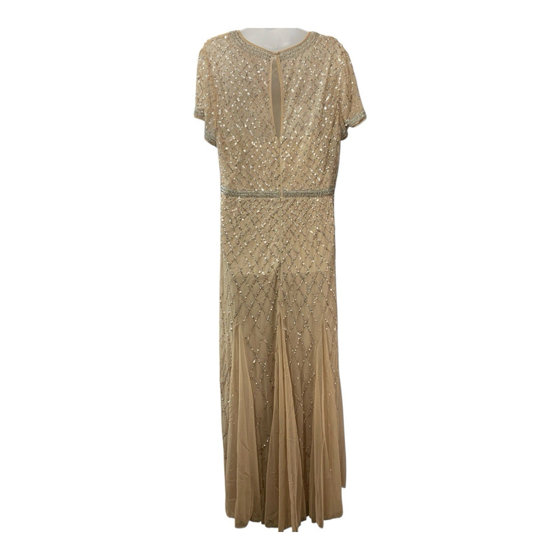 Adrianna Papell Champagne Beaded Gown Embellished Formal Gala Short Sleeve 18
