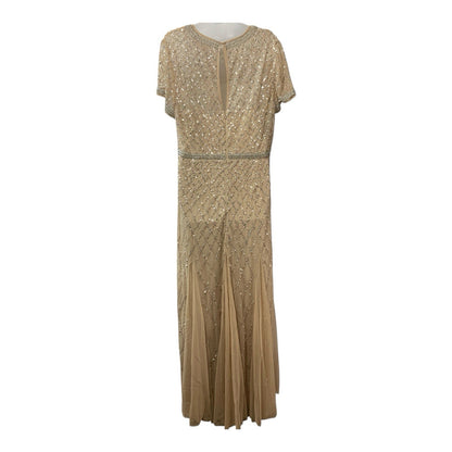 Adrianna Papell Champagne Beaded Gown Embellished Formal Gala Short Sleeve 18