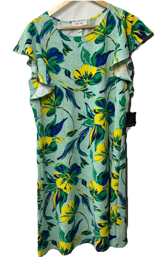 Nine West Women's Flutter Sleeve Swing Dress Size 10 Green Floral Round Neck