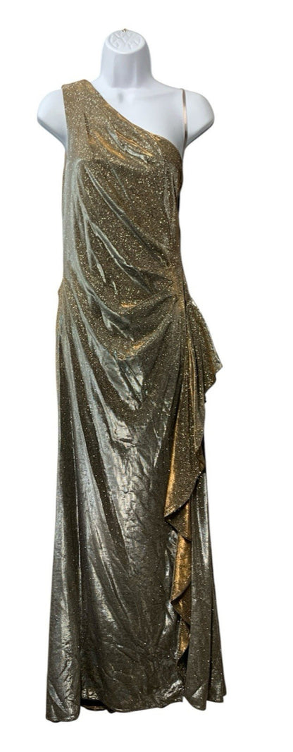 Xscape Evenings Galaxy One Shoulder Ruffle Detail Glitter Knit Gown Size 10 Sand