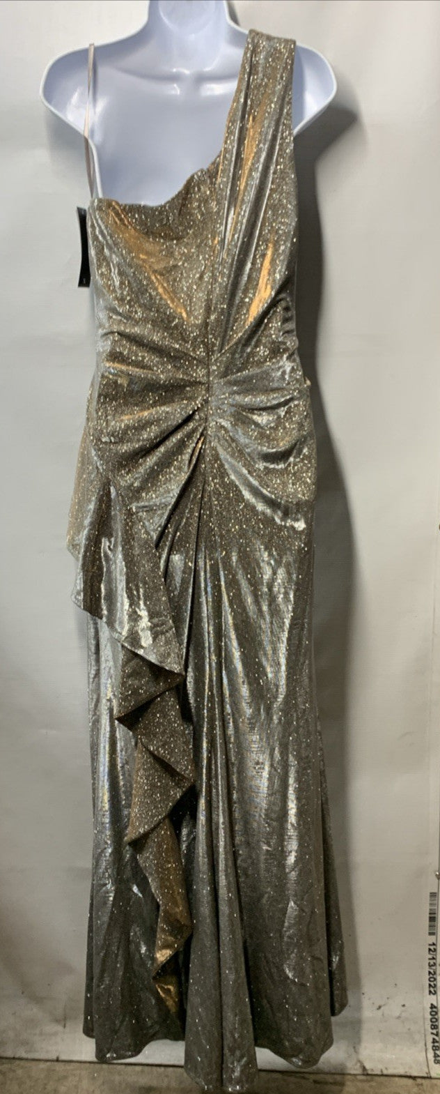 Xscape Evenings Galaxy One Shoulder Ruffle Detail Glitter Knit Gown Size 10 Sand