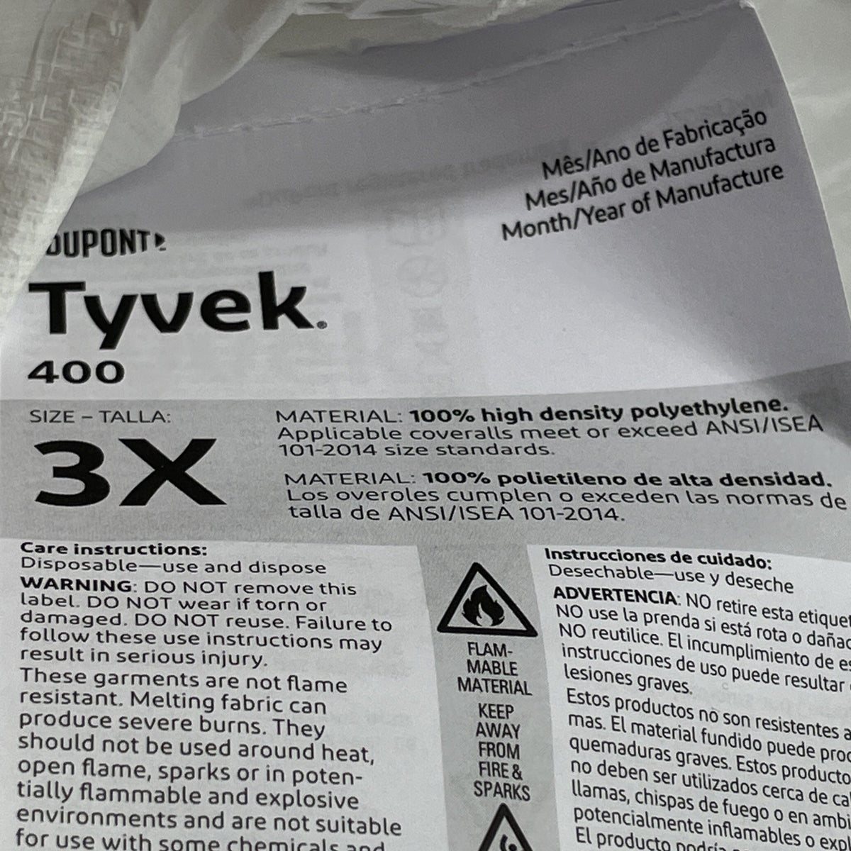Dupont Tyvek TY127S Chemical Painting Safety Suits Disposable Coveralls 3X 25pk