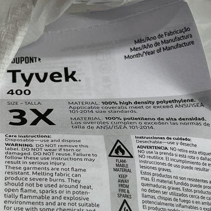 Dupont Tyvek TY127S Chemical Painting Safety Suits Disposable Coveralls 3X 25pk