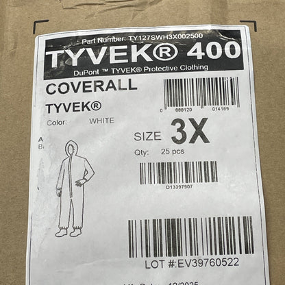 Dupont Tyvek TY127S Chemical Painting Safety Suits Disposable Coveralls 3X 25pk