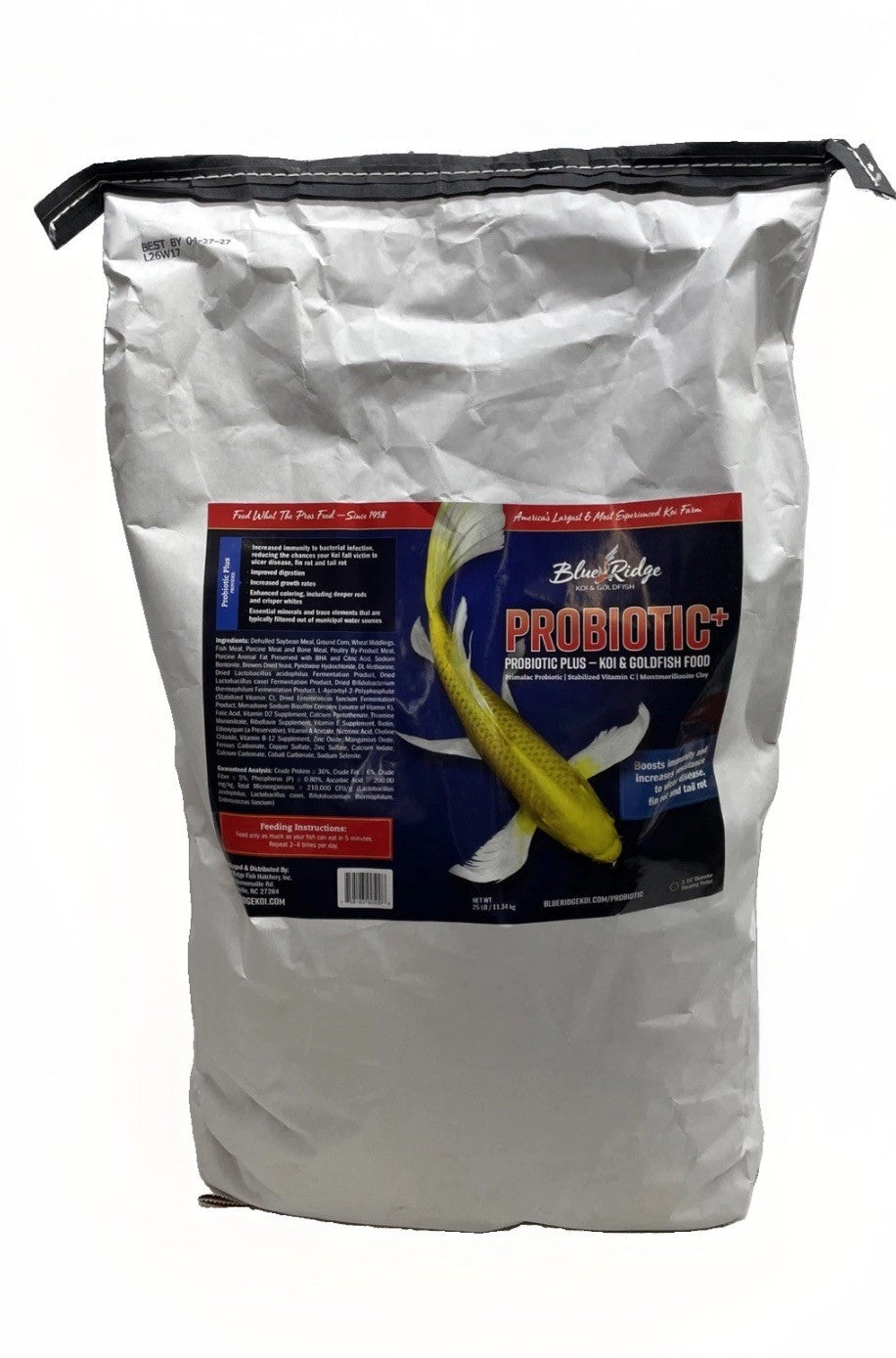 Blue Ridge Koi Fish Food, Probiotic Plus Formula 3/16" Pellets 25lbs 36% Protein