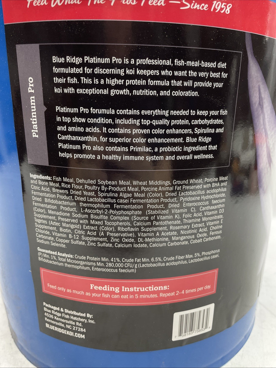 Blue Ridge Koi Platinum Pro 41% Protein Fish Food Formula 3/16" Pellets 14lbs