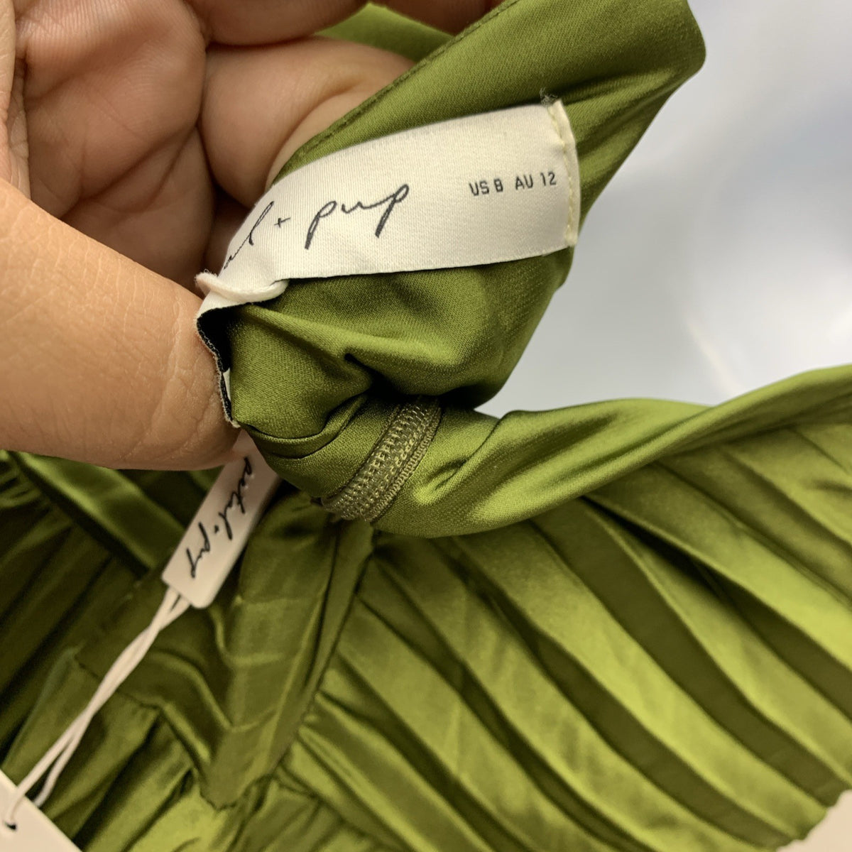 Petal & Pup Naira Pleated Satin Maxi Dress Palm Green Formal Wedding Size 8