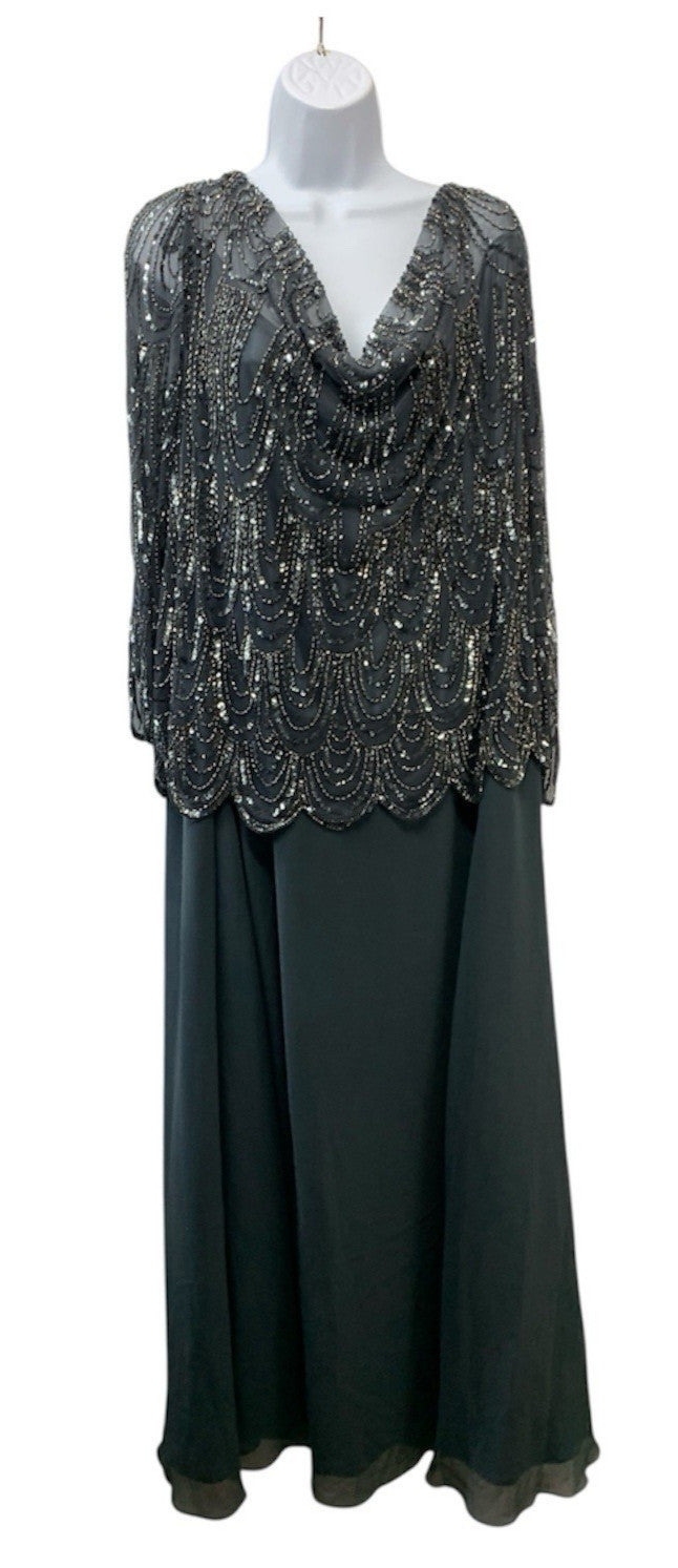 J Kara Women's Plus-Size 3/4 Sleeve Scallop Beaded Pop Over Gown Plus Size 24W