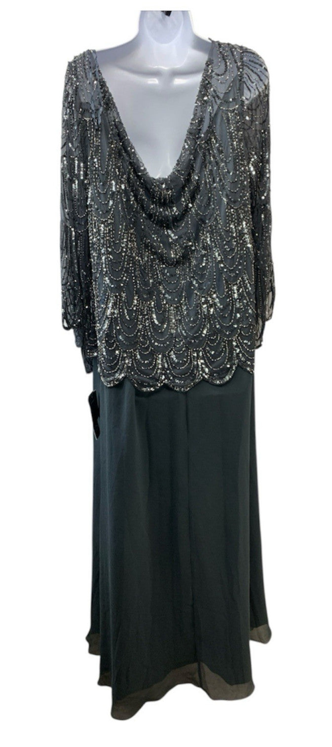 J Kara Women's Plus-Size 3/4 Sleeve Scallop Beaded Pop Over Gown Plus Size 24W