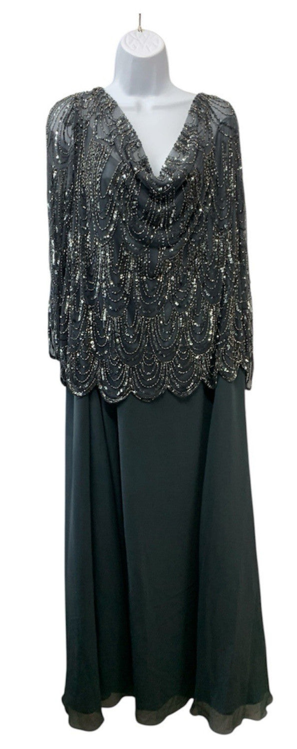 J Kara Women's Plus-Size 3/4 Sleeve Scallop Beaded Pop Over Gown Plus Size 24W