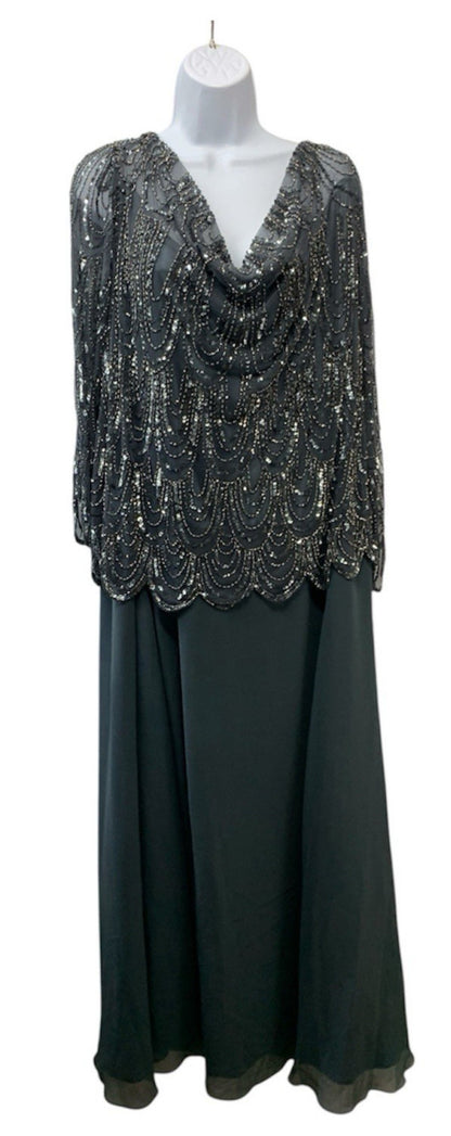 J Kara Women's Plus-Size 3/4 Sleeve Scallop Beaded Pop Over Gown Plus Size 24W