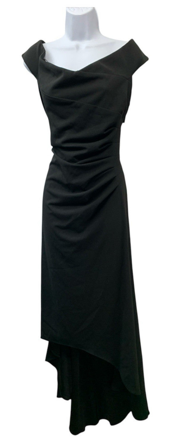 XSCAPE Women's Sweetheart Neck Side Ruffle Off-The-Shoulder Long Dress Black 16
