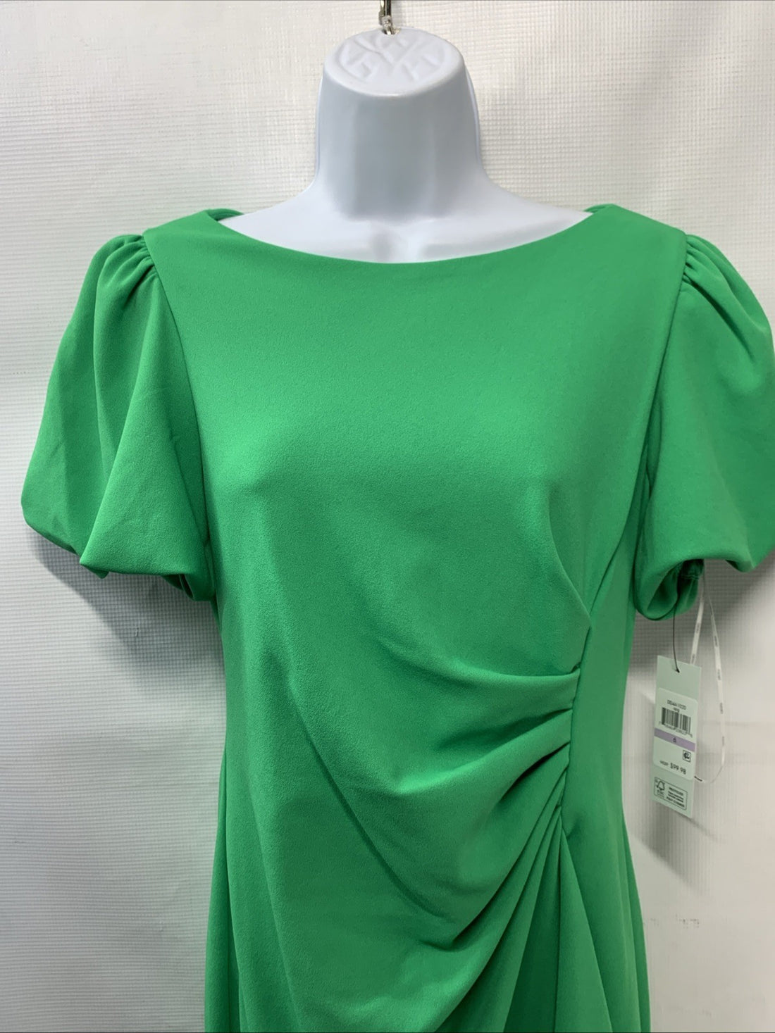 DKNY Women's Short Sleeve Boat Neck Side Ruched Dress Elegant Apple Green 6