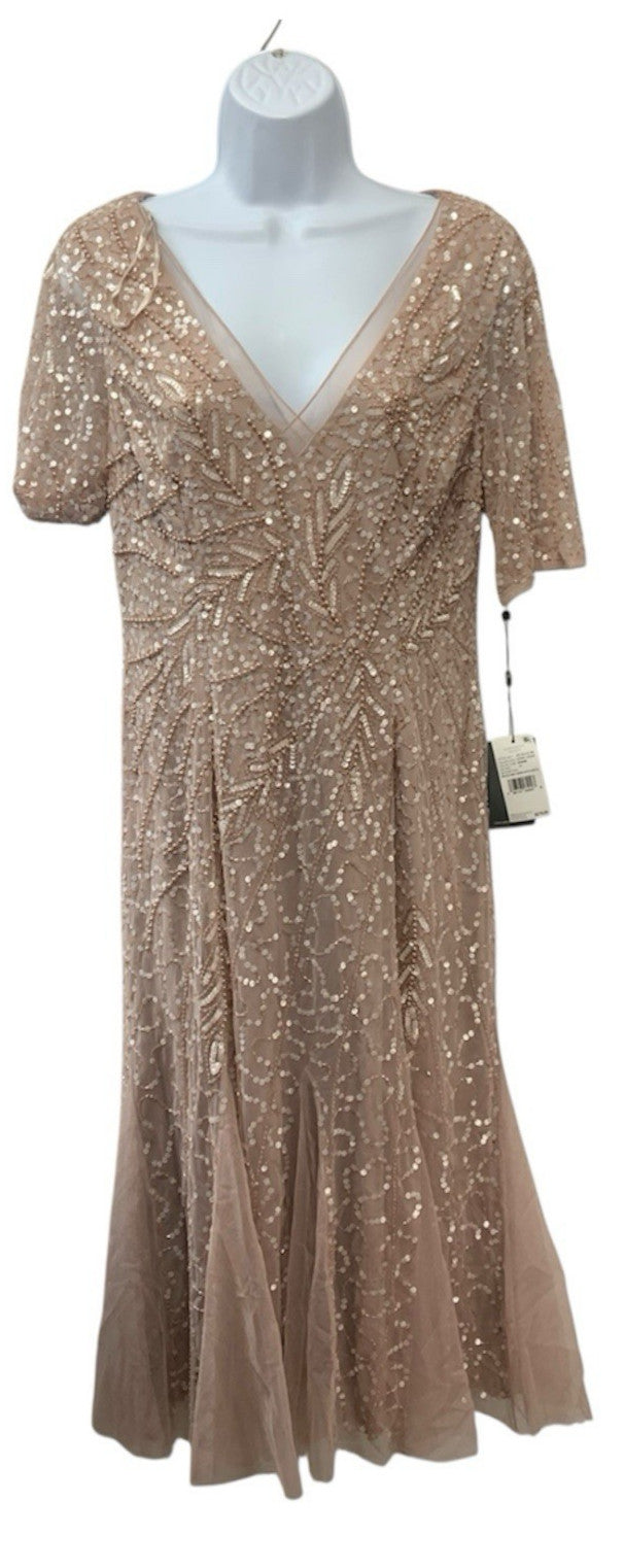 Adrianna Papell Women's Beaded Midi Dress with Godets V-neck Steel Rose Size 10
