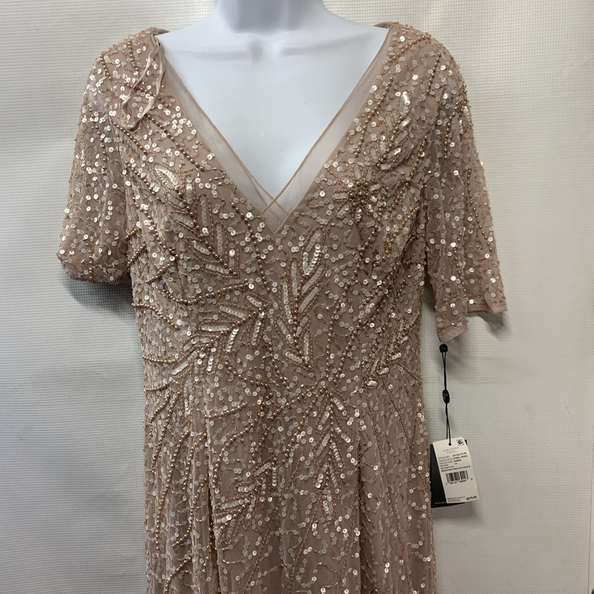 Adrianna Papell Women's Beaded Midi Dress with Godets V-neck Steel Rose Size 10
