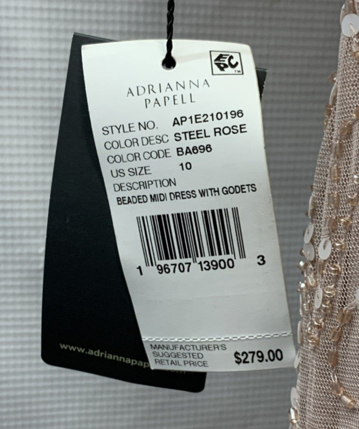 Adrianna Papell Women's Beaded Midi Dress with Godets V-neck Steel Rose Size 10