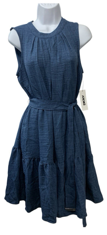 DKNY Women's Fit & Flare Mini Dress Denim Sleeveless Jewel Neck Classic Size 10