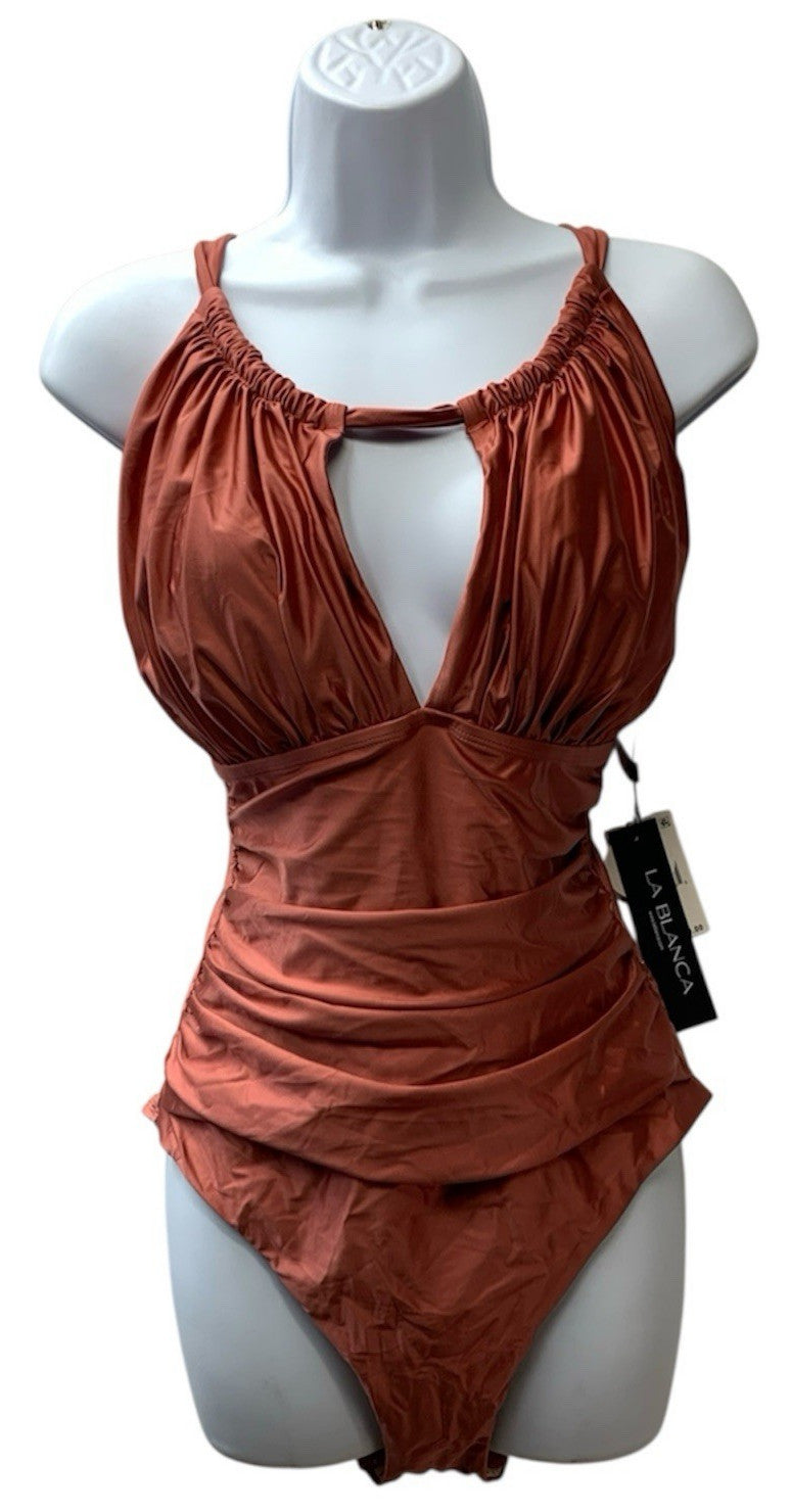La Blanca Women One Piece Swimsuit High Neck Keyhole Island Goddess Size 16