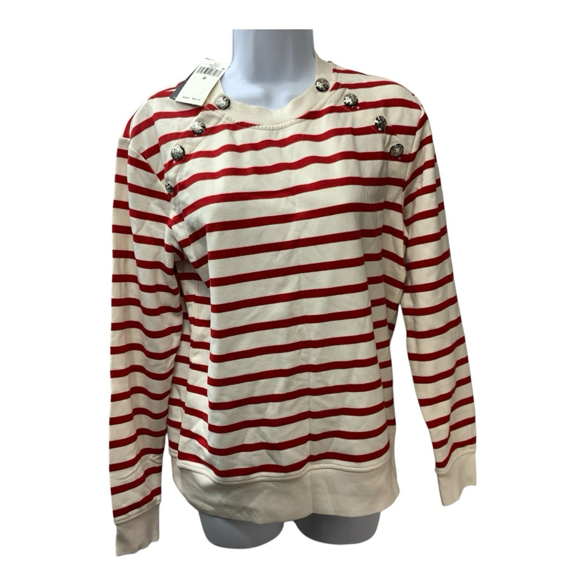 Lauren Women Button-Trim Striped Sweatshirt Long Sleeve Crewneck Straight-fit M