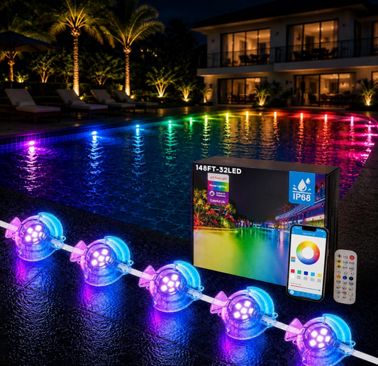 Permanent Pool Lighting System, 148FT 32 LED RGB+IC Pool Lights, 24V Low Voltage